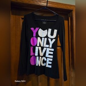 Black V-Neck Long Sleeve Graphic Tee - YOU ONLY LIVE ONCE